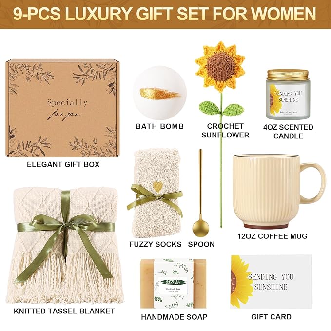 Self Care Gifts for Women Birthday Gift Basket, Sending Sunshine Care Package Get Well Soon Spa Gift Basket, Thinking of You Christmas Birthday Gifts for Women Mom Best Friend Wife Her