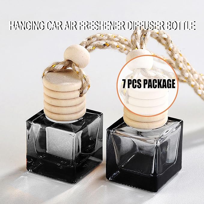 7 Pcs 8ml Hanging Car Air Freshener Diffuser,Empty Black Gradient Glass Essential Diffuser Oil Aromatherapy Fragrance Perfume Pendant Glass Vials with Wooden Caps (Square, 8ml)