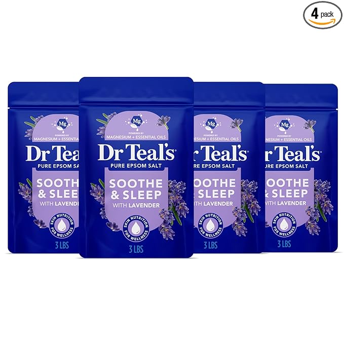 Dr Teal's Pure Epsom Magnesium Salt Soak, Soothe & Sleep with Lavender, 3 lb (Pack of 4)