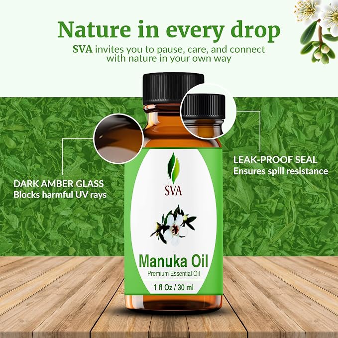 SVA Manuka Essential Oil – 1 Fl Oz – 100% Natural Manuka Oil - for Diffuser, Hair Care, Face, Skin Care, Aromatherapy, Scalp and Body Massage, Soap and Candle Making – with Dropper