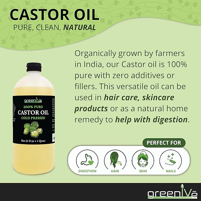 GreenIVe 100% Pure Castor Oil, 32 Fl oz | Cold-Pressed, USP Grade, Hair, Eyebrows, Eyelashes, Skin Moisturizer, Castor Pack Wrap Oil Bulk Bottle