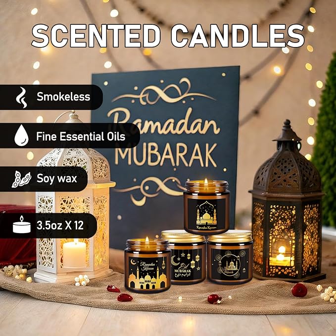 12 Pcs Ramadan Mubarak Scented Candle Set - Eid Candles for Home Decor, Aromatherapy Islamic Gifts for Women & Family, Mosque-Inspired Jar with Islamic Lanterns & Stars, Brown Soy Wax