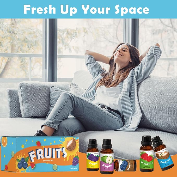 Fruit Fragrance Oil for Candle Soap Making, 10x30ml Holamay Essential Oils for Diffusers for Home, Coconut, Strawberry, Mango, Pineapple, Large Size Diffuser Oils Gift Set