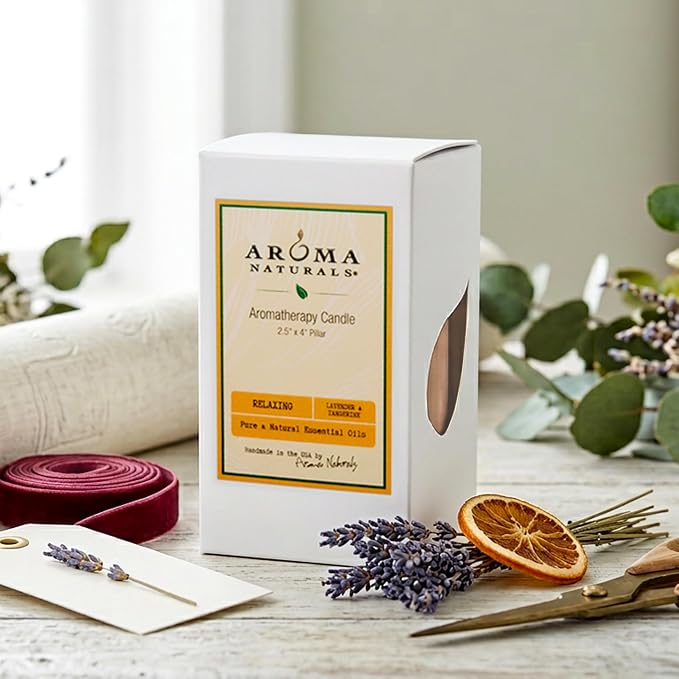 Aroma Naturals Lavender & Tangerine Essential Oil Scented Pillar Candle, Relaxing, 2.5 inch x 4 inch