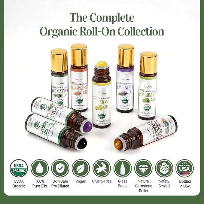 Rosemary Essential Oil Roll On for Hair Growth Scalp Massage Care - 100% Pure USDA Organic MCT Coconut Oil - Eyebrow Beard Growth Hairline Roots Mental Clarity Focus - Gemstone Roller 10ml Travel Size