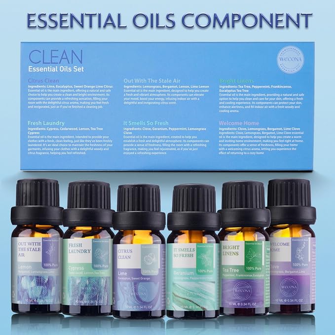 Wecona Essential Oils for Laundry - 100% Pure Essential Oils for Diffusers for Home,6x10ml(Clean)- Aromatherapy Oils for Soap,Candle Making,Humidifiers,Dryer Balls