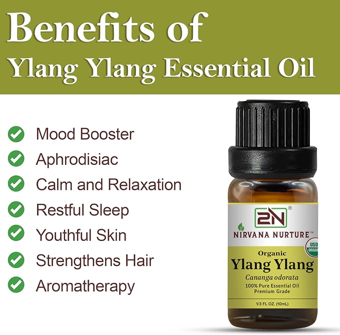 Ylang Ylang Essential Oil, USDA Certified Organic, 100% Pure Undiluted, Aromatherapy Oil for Diffuser, Hair & Skin Care