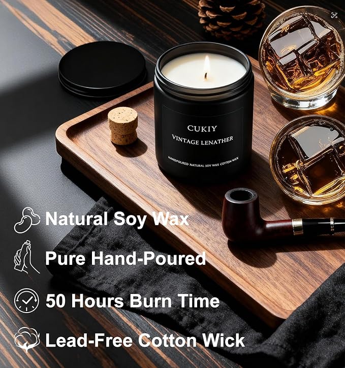 Scented Candle Gift Set, 4 Pack 25oz Soy Wax Candles, Long Lasting Aromatherapy Candles for Home Fragrance, Ideal Gift for Women and Men – Vintage Leather, Caramel Coffee, Rum Oak, Whiskey Tobacco
