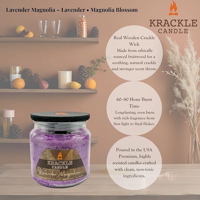Krackle Candle | Lavender Magnolia | 16 oz Scented Candle with Natural Crackling Wooden Wick | Poured in the USA | Lavender & Magnolia Blossom Fragrance