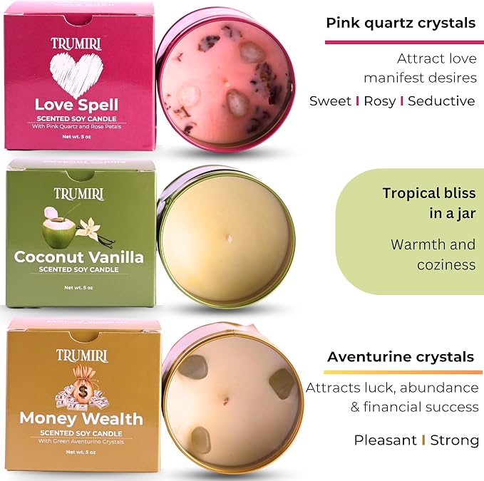 Love Spell, Money Wealth, Coconut Vanilla - Soy Candles Non Toxic - Highly Scented Long Lasting with Essential Oils - Variety Pack of 3 x 5oz - for Home Aromatherapy Meditation Gift Travel