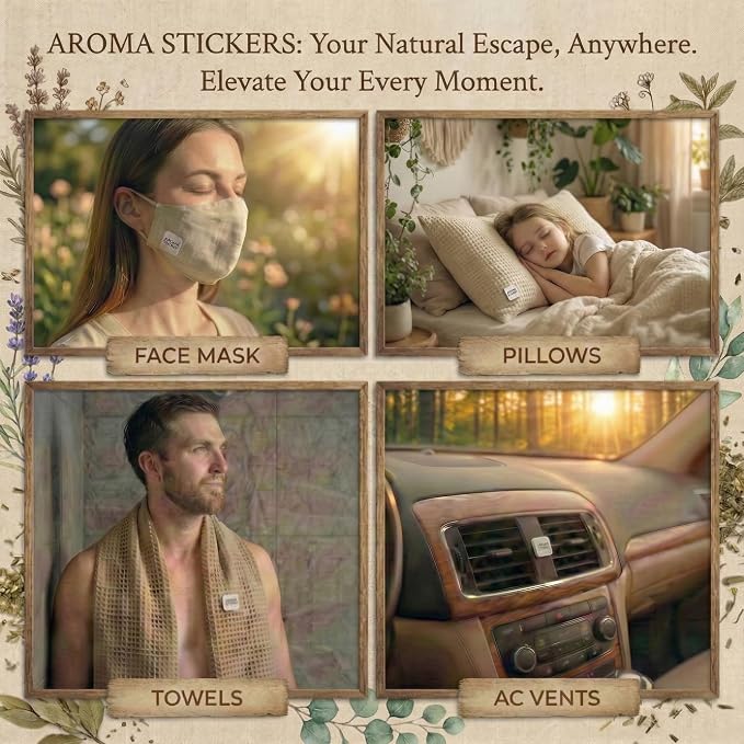 AROMA STICKERS® (Spearmint, Pack of 3) - 100% Natural Essential Oil Scented - Sticker Diffuser for Personal Space - Face Mask & Pillow - Refreshing & Focus (Pack of 3, 36 Stickers in Total)
