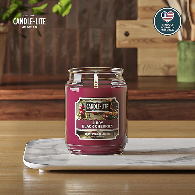 Candle-lite Scented Candles, Juicy Black Cherries, 18 oz Jar, Proudly Poured in The USA, Aromatherapy Candle, Single-Wick with 110 Hours of Burn Time, Perfect for Creating an Inviting Ambiance