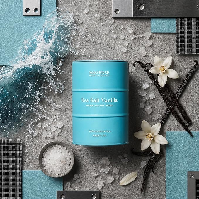 M&SENSE Sea Salt Vanilla Beach Scented Candles, Coastal Soy Candle, Summer Candle for Stress Relief Meditation Relaxing, Housewarming Gifts for Women Men, 11.3oz 70 Hour Long Burning