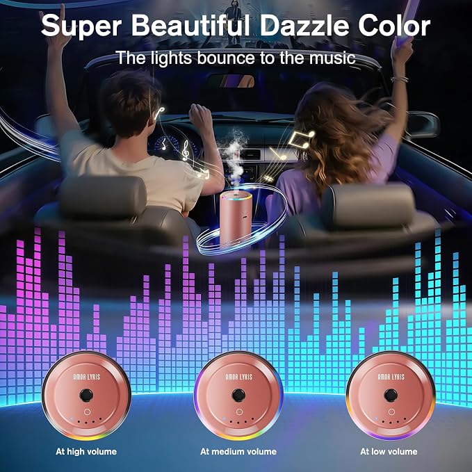 Car Air Freshener, Smart Car Air Fresheners Diffuser with 100ml Fragrance, Long Lasting Lasts 6 Months, RGB Music Syncing Light, Auto On/Off, 5 Adjustable Car Aroma Diffuser for Women, Rose Gold