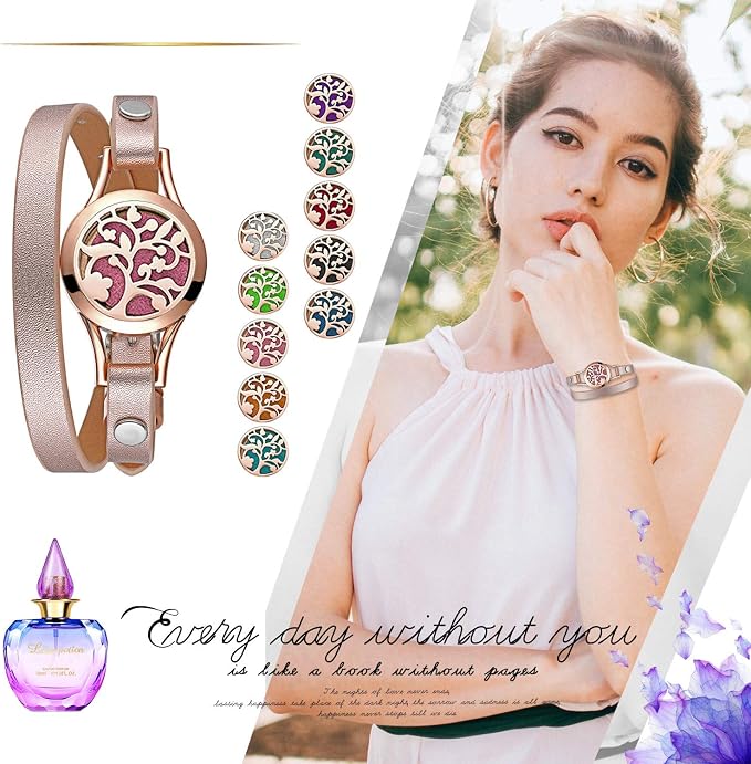 Cupimatch Essential Oil Diffuser Bracelet Wristband, Stainless Steel Aromatherapy Locket Bracelets Adjustable Leather Band with 10 Color Pads Jewelry Gift Set for Girls Women