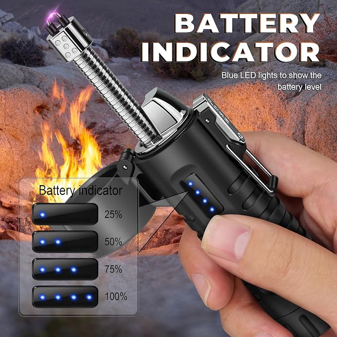 Lafagiet Electric Lighter, USB C Rechargeable, with LED Battery Display, Flashlight, 360° Flexible extendable Arc Lighters for Candle, Camping, Outdoor Adventure