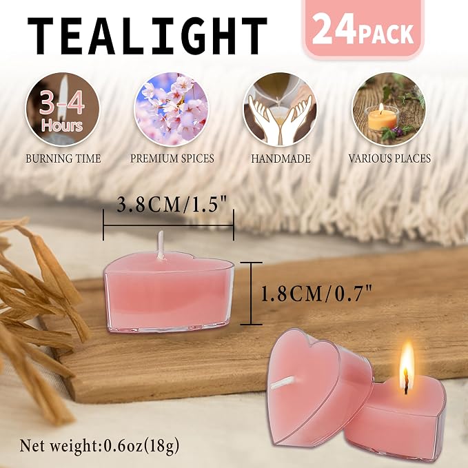 Cherry Blossom Scented Heart Tealight Candles, Pink Scent Tea Lights Candles Clear Cup, 24 Pack Colored Tealights Candle, 4 Hour Burn Time Tea Candles for Valentine's Day Weddings Romantic Decor