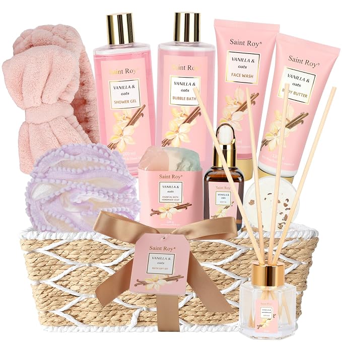 Bath & Body Gift Basket, Self-Care Relaxation Set Vanilla Oat for Women | 16Pcs Pink Gifts Basket for Women Enriched essential oil, Home Spa Body Oil, Diffuser, Shower spa kit Mom Pampering Kit