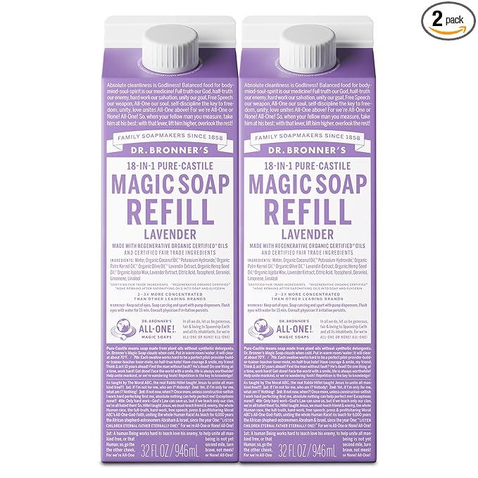 Dr. Bronner's Magic Soap-Pure-Castile Liquid Refill (Lavender, 32 ounce, 2-Pack) - Made with Regenerative Organic Certified Oils, For Body, Hair, Laundry, Pets & Dishes, Concentrated, Vegan, Non-GMO
