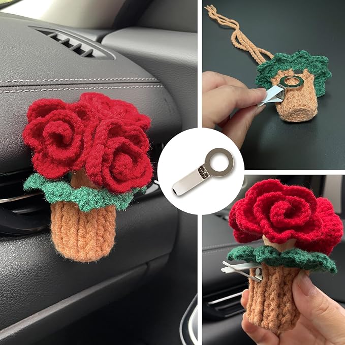 Crochet Car Air Freshener, Empty Refillable Oil Diffuser Bottle with Hanging Crochet Plant for Car Rearview Mirror Decor, Handmade Home and Office Decor (Rose)