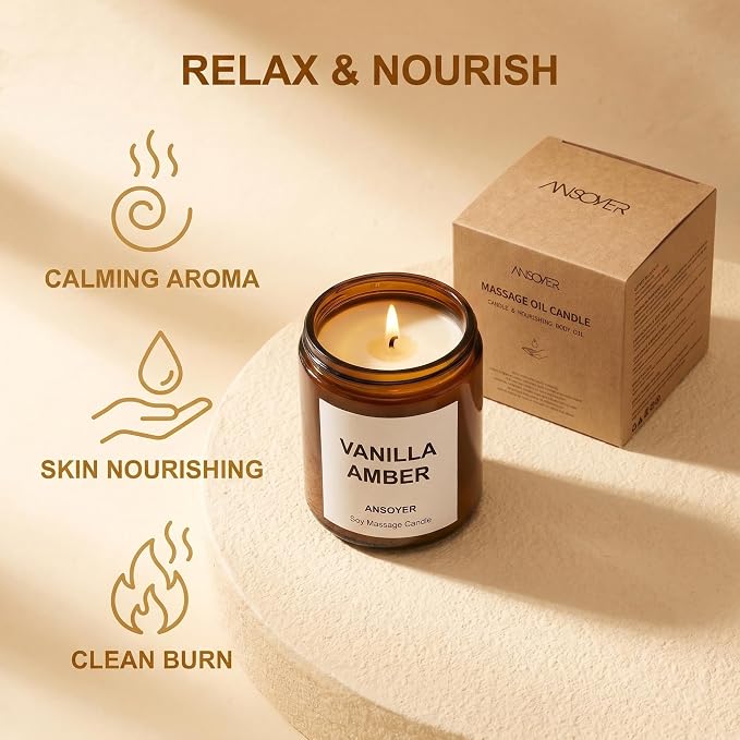 Massage Candle for Relaxation – 7oz Massage Oil Candle with Sweet Almond Oil – (Vanilla Amber)