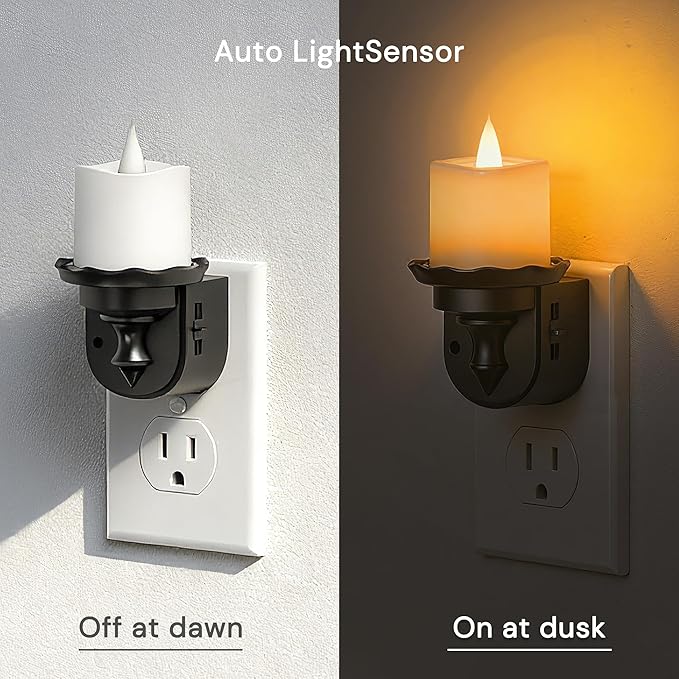 L LOHAS LED Flameless Candle Night Light, Flicker Night Lights Plug into Wall 2 Pack, Amber Candle Nightlight with Light Sensor, 0-100LM Dimmable LED Flickering Nightlights for Kids Hallway Bathroom