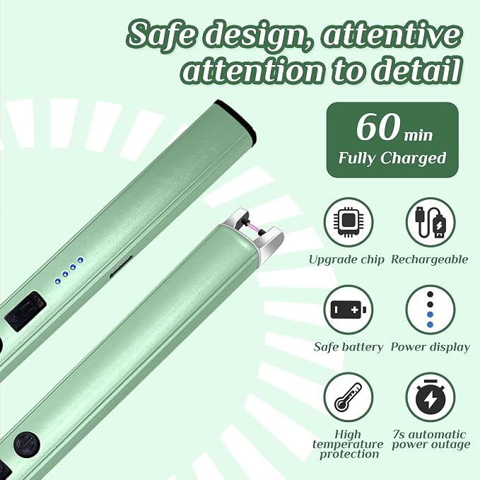 2 PCS Candle Lighter,Windproof Flameless Electric Lighter with LED Power Display ＆ Safety Switch, Upgraded Plasma USB Rechargeable Lighters for Birthday Camping BBQ (Green)