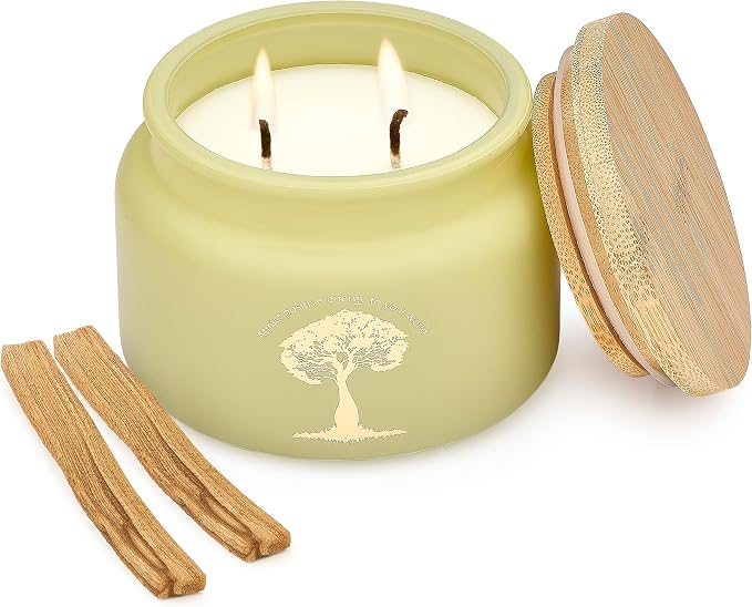 Palo Santo Meditation and Yoga Candle for Cleansing and Protection - 50 Hour Clean Burning Soy Wax - 2-Wick Spiritual Aromatherapy Smudge Candle with Guided Materials -9.5oz