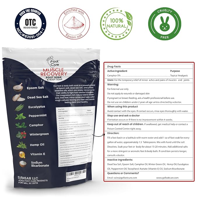 FOOT CURE Tea Tree Oil & Muscle Foot Soak with Epsom Salts - All-Natural Salts for Post-Workout Recovery - Softens Calluses, Soothes Sore & Tired Feet, Foot Odor Control, Spa Pedicure (Pack of 2)