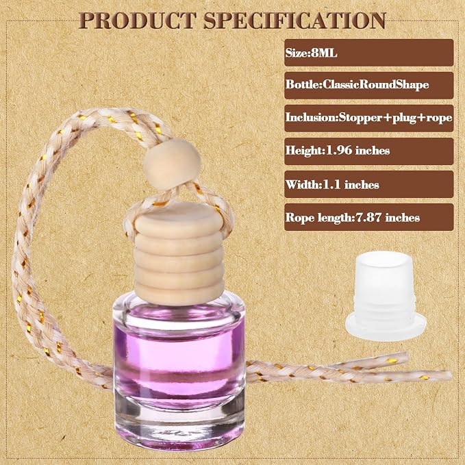 208Pcs 8ml Hanging Car Air Freshener Diffuser Cylindrical Empty Clear Glass Essential Diffuser Oil Aromatherapy Fragrance Perfume Pendant Glass Vial with Wooden Caps Hanging String Car Diffuser Bottle