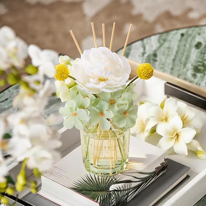 COCORRÍNA Reed Diffuser - Gardenia 8.5 Fl.oz Flower Reed Diffuser Set with 8 Sticks, Home Fragrance Reed Diffuser for Home Bedroom Office Bathroom Shelf Decor (Master Collection)