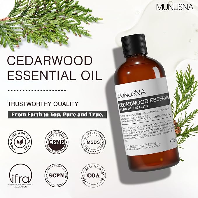 Cedarwood Essential Oil 100ML, 100% Pure Natural Cedarwood Oils Premium Grade Aromatherapy Oil for Hair Skin Care, Diffusers, Massage, Spray, Home, DIY Candle Soap Making