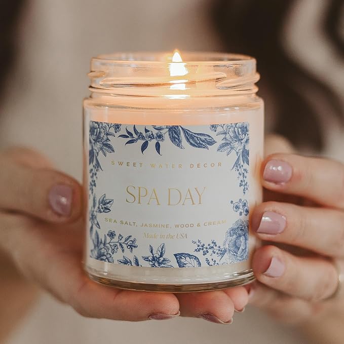Sweet Water Decor Spa Day Patterned Candle – Soy Candles with Sea Salt, Jasmine, Wood, Cream Aroma– 40 Hour Burn – 9oz Clear Glass Jar – Ideal for Valentines Presents or Any Special Occasion