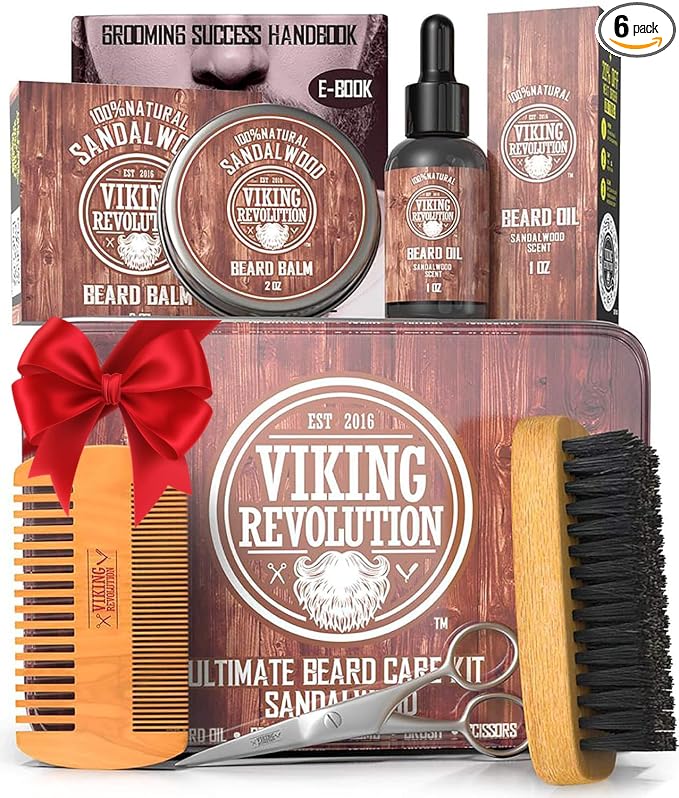 Viking Revolution Ultimate Grooming Kit for Men - Boar Brush, Wood Comb, Sandalwood Balm & Oil, Scissors for Beard & Mustache