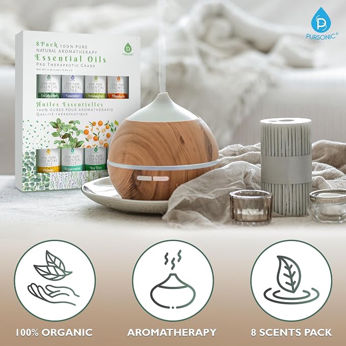 Pursonic Essential Oils Set - 8 Aromatherapy Oils Blends Gift Set - 10ml Pure Essential Oils for Diffusers, Home, Massage & Bath(Eucalyptus,Lavender,Lemongrass,Orange,Peppermint,Tea Tree,Wintergreen)