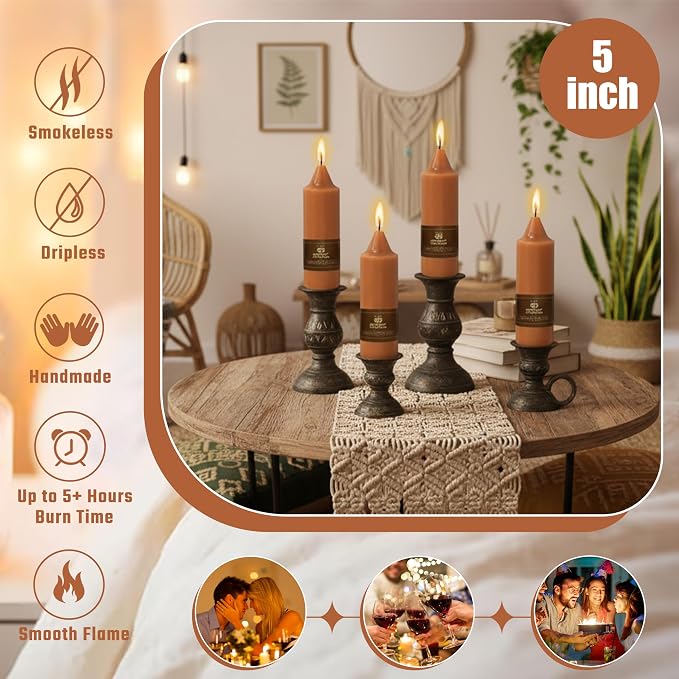 Earth Tone 5 Inch Short Taper Candles Pumpkin Chunky Unscented Smokeless Thick Tapered Candles for Fall Harvest Halloween Thanksgiving Dinner Party Home Décor