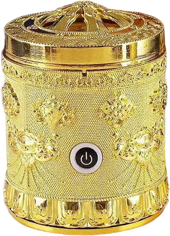 Electric Incense Burner Portable Vintage Electric Bakhoor Burner USB Rechargeable Golden Aromatherapy Diffuser for Car Home Office Yoga Tabletop 3x3.9 inch