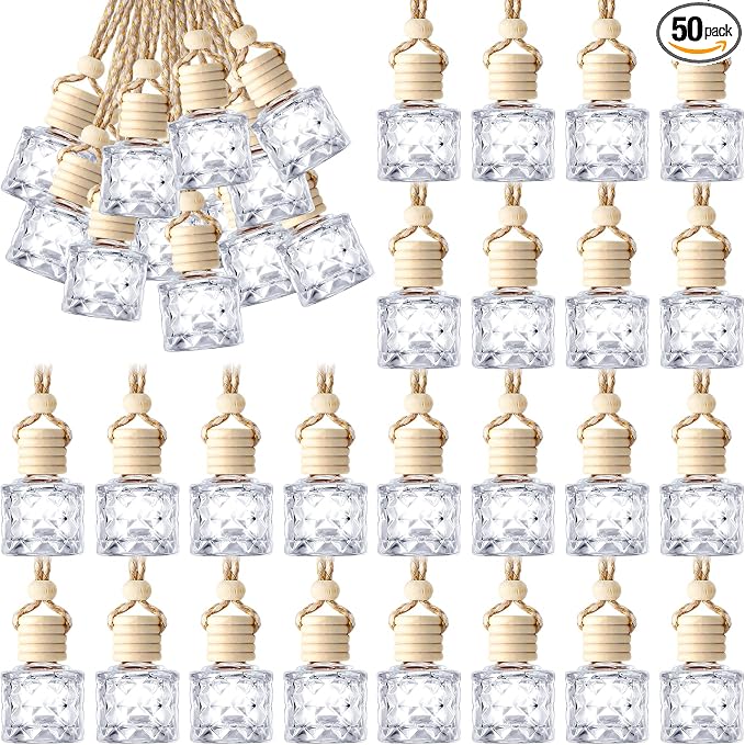 BBTO 50 Pcs Hanging Car Air Freshener Car Diffuser Bottles Empty Glass Perfume Bottle Freshener Diffuser Bottle Pendant for Essential Oil Fragrance Aromatherapy Ornament(Diamond)