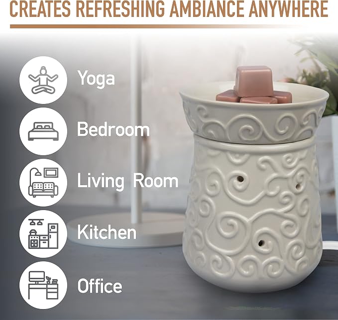 D'Eco Fragrance Wax Melt Warmer - Electric Scented Tart & Candle Warmer w 4 Cinnamon Cubes- Plug-in Halogen Bulb Melts Cubes & Fills Room w Fresh Scents & Night Light Glow- Holiday Xmas Must Have Gift