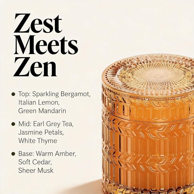 Hidden Label Zesty Bergamot Wood Wick Candle, 7.4oz Soy Wax, Gold Jar, 55H | Uplifting Citrus Scent | Crackling Cherry Wood Wick | 55H Clean Burn Soy Wax | Gold Faceted Decor Jar | Gift-Ready Kraft Box