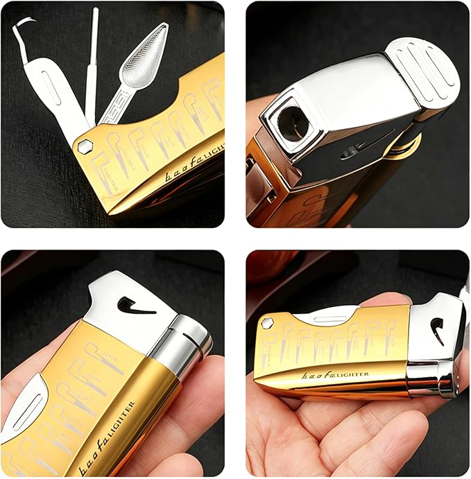 Soft Flame Butane Lighter with Built-in 3-in-1 P-ipe Tool Cleaner, Unique Refillable Candle Lighter, Angled Gas Window, Unique Gifts for Men, Birthday, Father’s Day, Valentine’s Day (Silver, No Fuel)