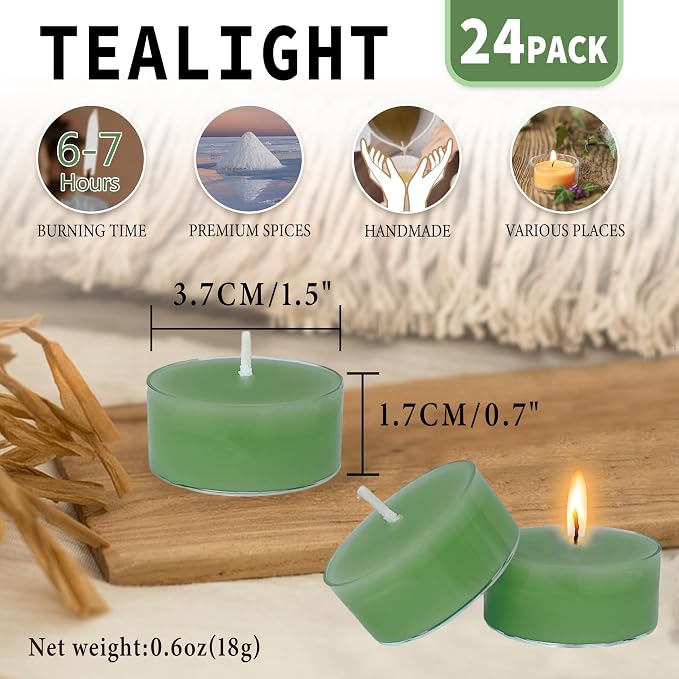 Sea Salt & Sage Scented Tealight Candles, Blue Scent Tea Lights Candles Clear Cup, 24 Pack Colored Tealights Candle, 6 Hour Burn Time Tea Candles for Party, Decor, Spa, Shabbat