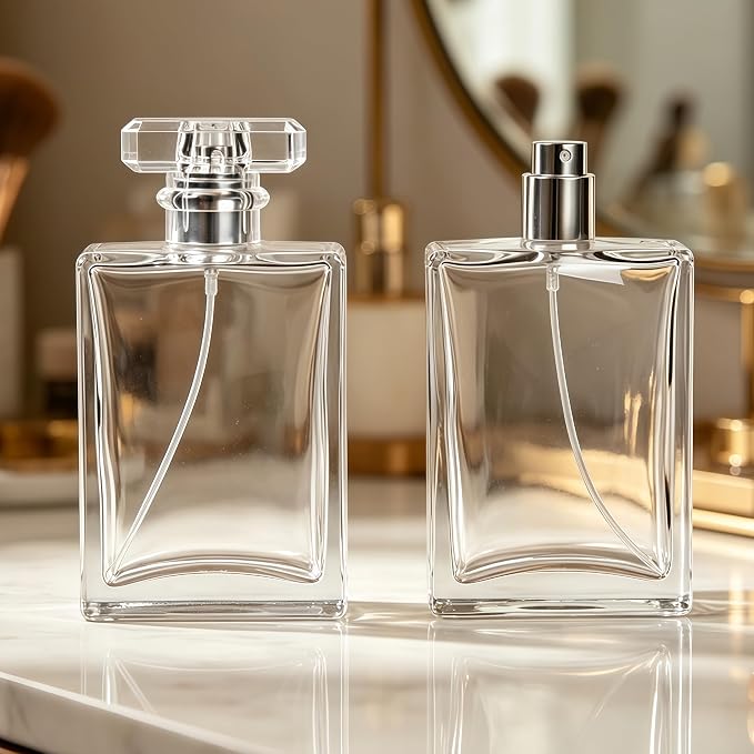 2 Pack 100ml Clear Thick Glass Perfume Atomizer,Empty Refillable Perfume Spray Bottle for Men and Women,Portable Fragrance Fine Mist Spray Bottle Dispenser for Travel (Silver