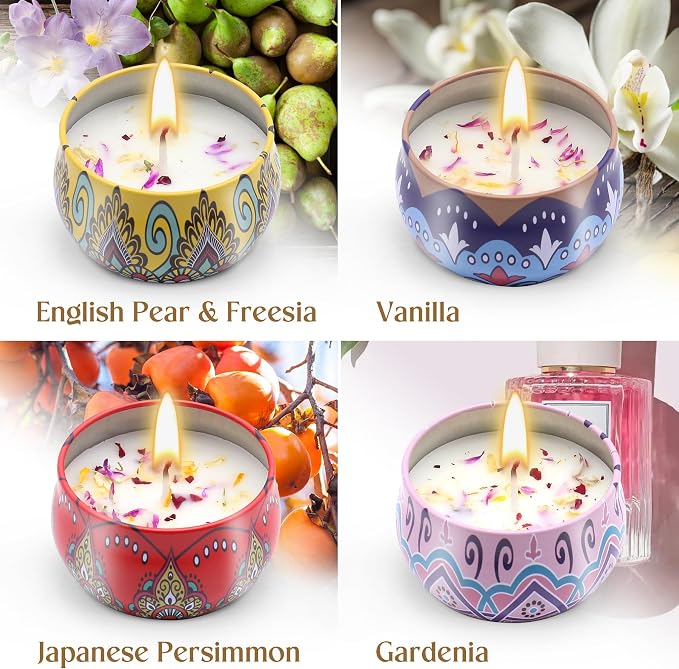 Scented Candles Gift Set for Women 4 Pack Soy Wax Candles with Dried Flowers Reusable Tin Aromatherapy Relaxation Gift for Birthday Mothers Day Valentines Day