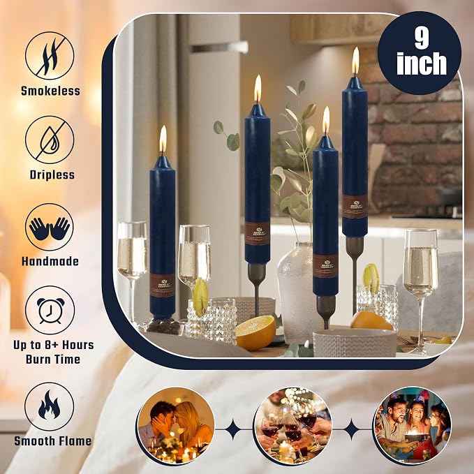 Navy Taper Candle 9 Inch Long Candlesticks Unscented Dripless Tapered Candle Set for Home Decor Wedding Party Dinner Candles, 4 Pack