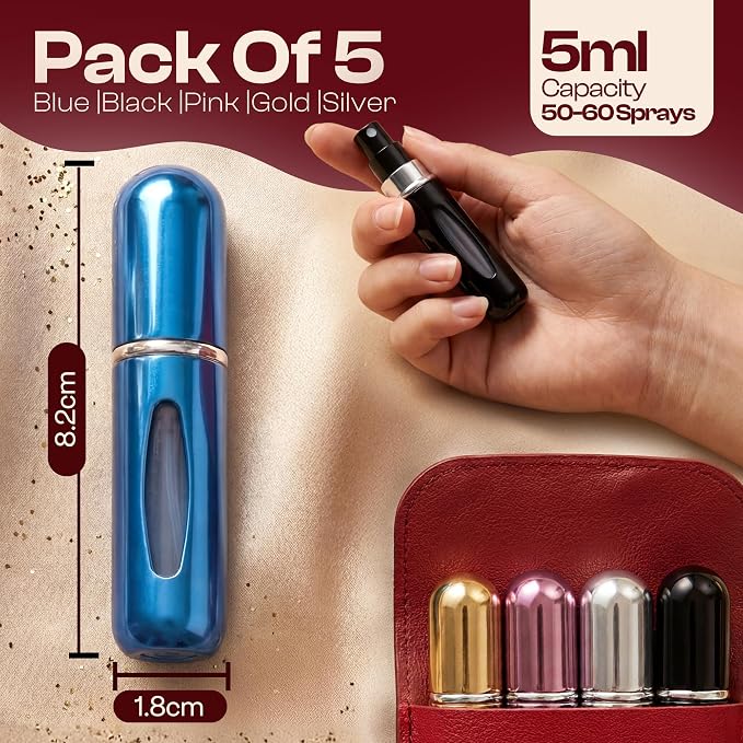 5ml Travel Perfume Bottle Refillable Atomizer Sprayer for Perfume,Leakproof Perfume Atomizer Travel, Portable Refillable Perfume Bottles, (Blue, Black, Pink, Gold, Silver + Leather Pouch)