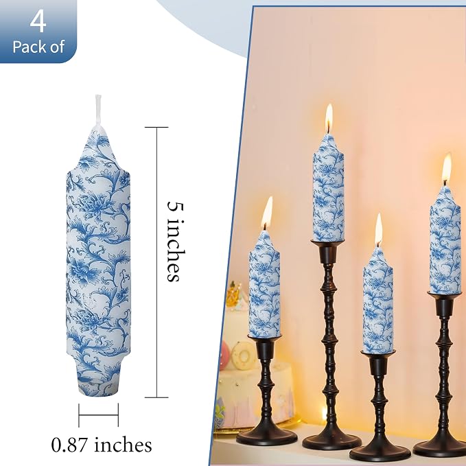 5 Inch Blue Flowers Chunky Taper Candles Short Handmade Blue and White Candle Sticks Smokeless Unscented Tapered Candles for Blue Wedding Present Spa Meditation Housewarming Home Decoration