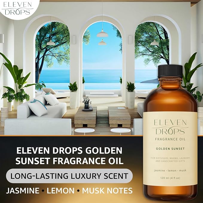 Golden Sunset Fragrance Oil | Jasmine, Lemon & Musk Notes | Long Lasting Scent Reed Diffuser Oil for Home, Office, Hotel, Spa, Car & Linen Spray | Pet Friendly IFRA Compliant, 4 oz
