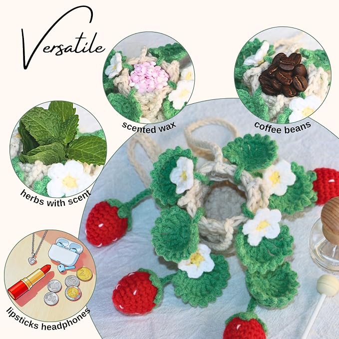 ROFIGL Handmade Crochet Hanging Car Air Freshener - Cute Strawberry Plant Design, 12ml Refillable Thick Glass Bottle, Car Diffuser for Rearview Mirror, Home & Office Decor
