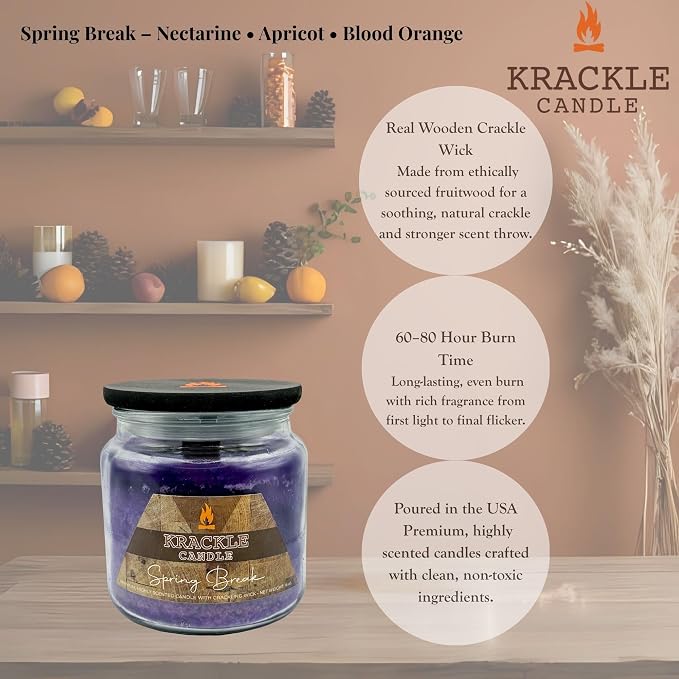 Krackle Candle | Spring Break | 16 oz Scented Candle with Natural Crackling Wooden Wick | Poured in the USA | Nectarine, Apricot & Blood Orange Fragrance